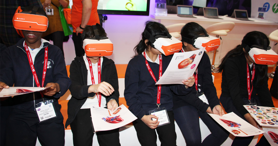 Children using virtual reality headsets at Bett 2017