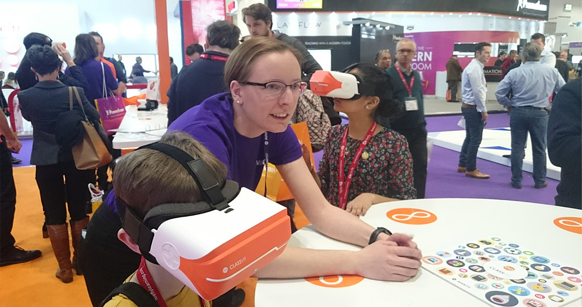 Educational Specialist demonstrating ClassVR headset at launch during Bett 2017