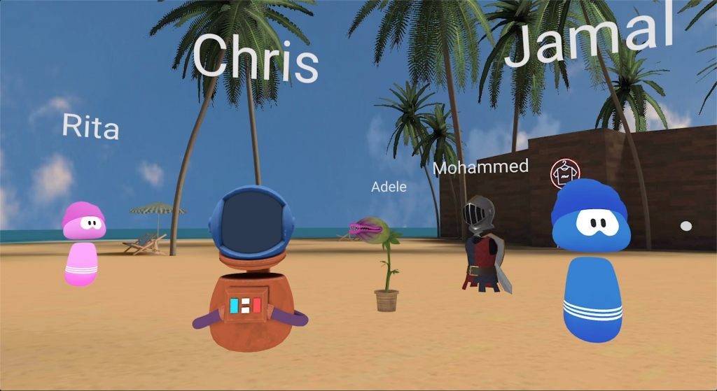 Image of avatars on a virtual beach in VRroom
